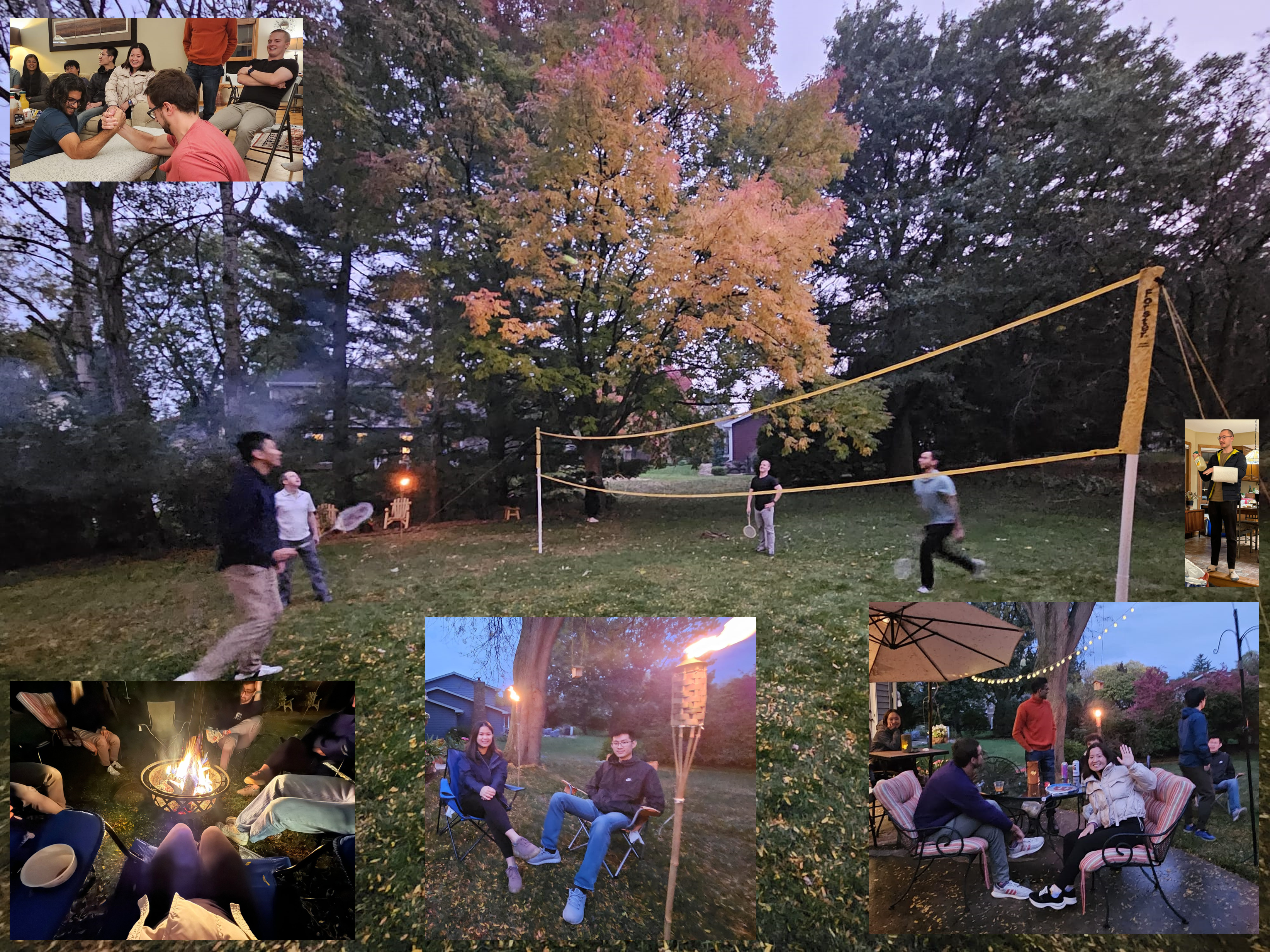 members participating in badminton, arm wrestling, campfire and more at Mike's house